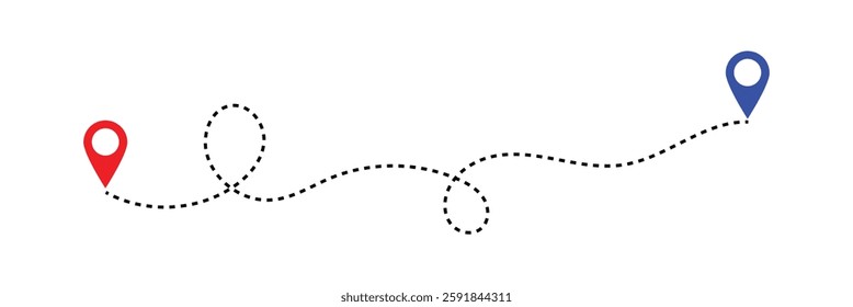 Dotted path line with red points. Travel concept with path way. Vector flat map way isolated. Vector illustration in eps 10.