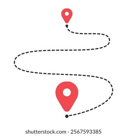 Dotted path and location pin. Route icon between two points. Location pins.