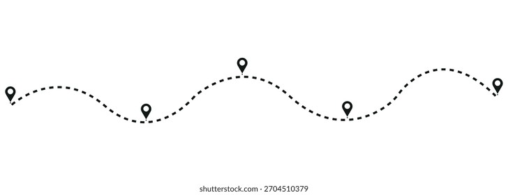 Ruta punteada con el ícono de puntos de ubicación. ap Dirección símbolo de puntero de ubicación. Icono de Vector de viaje. Icono de ubicación de la ruta, señal de dos pines y línea punteada, símbolo de viaje de inicio y final.