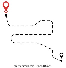 Dotted path with start and finish points. Route and two location pin icons. Isolated vector illustrations. 