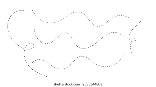 Dotted pathway. Hand drawn dashed different way element. Linear route collection.