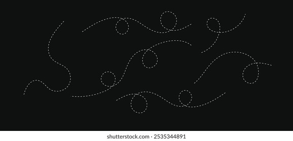 Caminho pontilhado. Elemento de forma diferente tracejado à mão. Coleção de rotas linear.