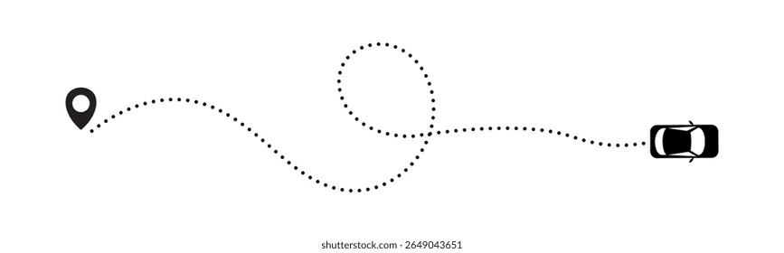 Ilustración de ruta punteada con el coche y el pin de destino único, que representa el mapeo de ruta, el viaje y el concepto de navegación punto a punto para aplicaciones