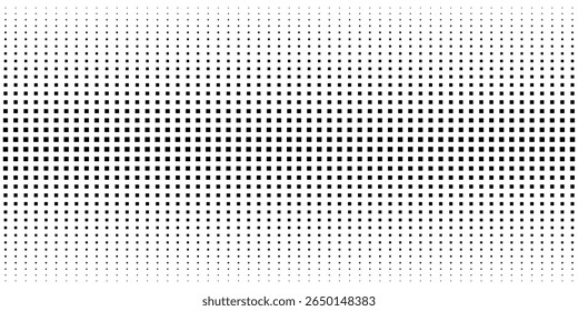 Dotted pattern with black repeated square shapes on white background. Wallpaper with halftone gradient faded effect. Abstract geometric print. Vector graphic illustration.
