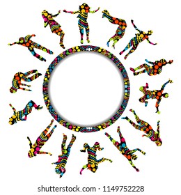 Dotted pattern children silhouettes jumping and round frame with place for text