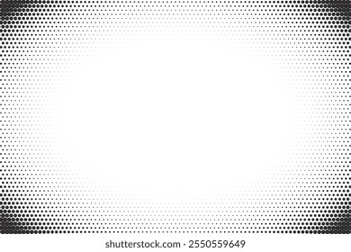 Padrão pontilhado nos cantos. Plano de fundo de vetor de meio-tom. O gradiente cômico desaparece em branco. Moderno quadro abstrato mínimo. Borda monocromática de pop art. Design vetorial