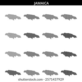 Dotted pattern outlines the shape of Jamaica on a plain white background, highlighting the island's geography with an artistic touch.