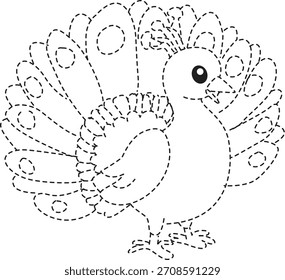 Contorno de pavo real punteado diseñado para el trazado de colores y actividades de aprendizaje temprano perfectas para imprimir en preescolar