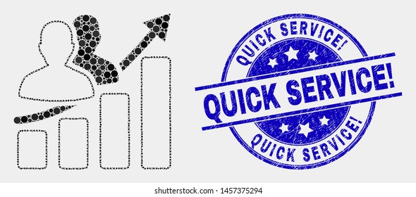Dotted people growing chart mosaic icon and Quick Service! seal stamp. Blue vector rounded textured seal stamp with Quick Service! message. Vector combination in flat style.