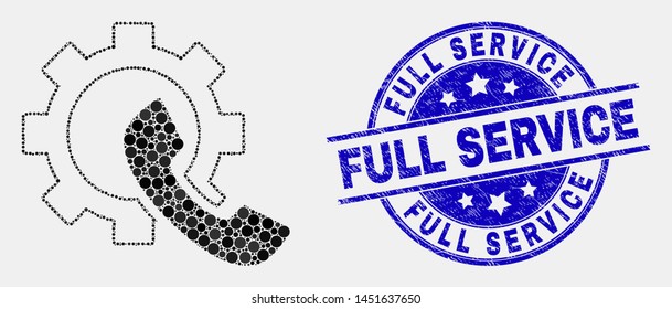 Dotted phone receiver gear mosaic icon and Full Service seal. Blue vector round distress seal stamp with Full Service text. Vector combination in flat style.