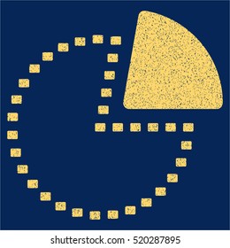 Dotted Pie Chart grainy textured icon for overlay watermark stamps. Flat symbol with scratched texture. Dotted vector yellow ink rubber seal stamp with grunge design on a blue background.