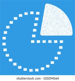 Dotted Pie Chart grainy textured icon for overlay watermark stamps. Flat symbol with dirty texture. Dotted vector white ink rubber seal stamp with grunge design on a blue background.