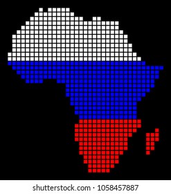 A dotted pixel Africa Map. Vector geographic map in Russia flag colors on a black background. Russian blue, red and white colored vector abstract collage of Africa Map created of square dots.
