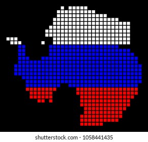 A dotted pixel Antarctica Map. Vector geographic map in Russia flag colors on a black background. Russian blue,