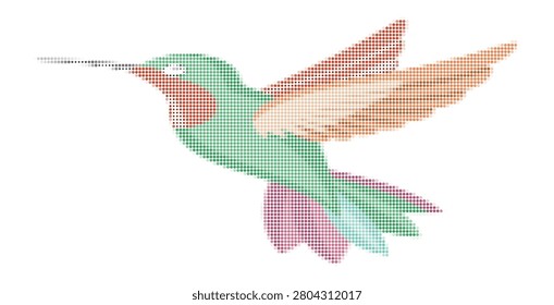 Dotted pixel art hummingbird in flight. Vibrant colorful wings and body. Fast flying bird vector art.