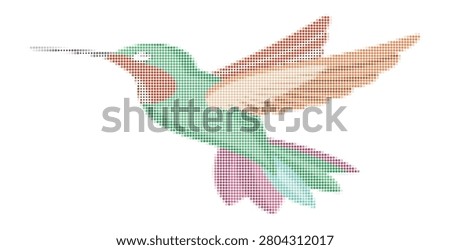 Dotted pixel art hummingbird in flight. Vibrant colorful wings and body. Fast flying bird vector art.