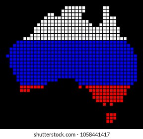 A dotted pixel Australia Map. Vector geographic map in Russia flag colors on a black background. Russian blue, red and white colored vector abstract pattern of Australia Map made of dot elements.
