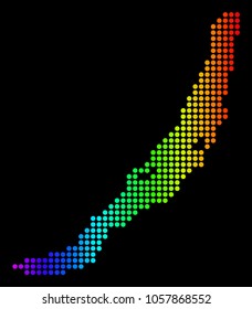 Dotted pixel Baikal Lake Map. Vector geographic map in bright spectrum colors on a black background. Color vector pattern of Baikal Lake Map composed of round dots.