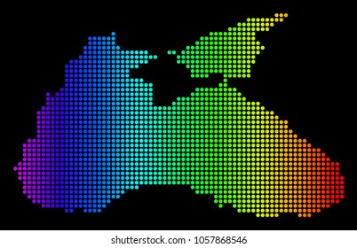 Dotted pixel Black Sea Map. Vector geographic map in bright spectrum colors on a black background. Multicolored vector pattern of Black Sea Map created of small circles.