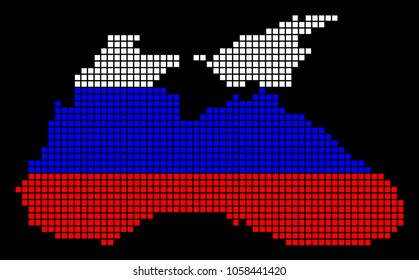 A dotted pixel Black Sea Map. Vector geographic map in Russia flag colors on a black background. Russian blue, red and white colored vector abstract pattern of Black Sea Map designed of small squares.