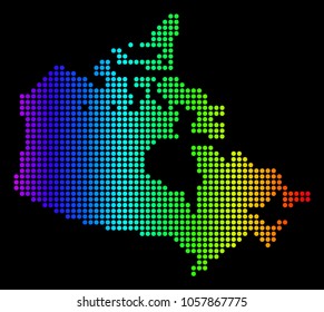 Dotted pixel Canada Map. Vector geographic map in bright spectrum colors on a black background. Colorful vector pattern of Canada Map constructed of circle elements.