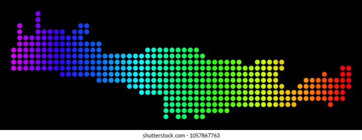 Dotted pixel Crete Island Map. Vector geographic map in bright spectrum colors on a black background. Colored vector collage of Crete Island Map composed of small circles.