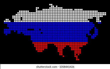 A dotted pixel Eurasia Map. Vector geographic map in Russia flag colors on a black background. Russian blue, red and white colored vector abstract pattern of Eurasia Map composed of small squares.