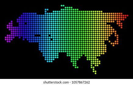 Dotted pixel Europe And Asia Map. Vector geographic map in bright spectrum colors on a black background. Multicolored vector concept of Europe And Asia Map made of round dots.