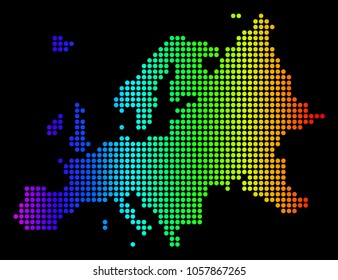 Dotted pixel Europe Map. Vector geographic map in bright spectrum colors on a black background. Colored vector pattern of Europe Map composed of round dots.