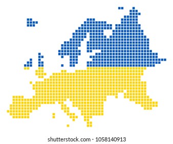 A dotted pixel Europe Map. Vector geographic map in Ukraine flag colors on a white background. Ukrainian blue and yellow colored vector abstract concept of Europe Map done of square elements.
