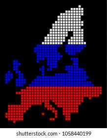 A dotted pixel European Union Map. Vector geographic map in Russia flag colors on a black background. Russian blue,