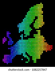 Dotted Pixel European Union Map. Vector territorial scheme in bright rainbow color tones on a black background. Abstract European Union Map concept is done of colorful dots.