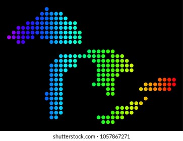 Dotted pixel Great Lakes Map. Vector geographic map in bright spectrum colors on a black background. Colored vector concept of Great Lakes Map organized of circle elements.