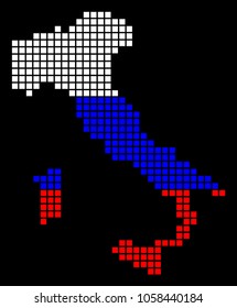 A dotted pixel Italy Map. Vector geographic map in Russia flag colors on a black background. Russian blue, red and white colored vector abstract composition of Italy Map designed of square dots.