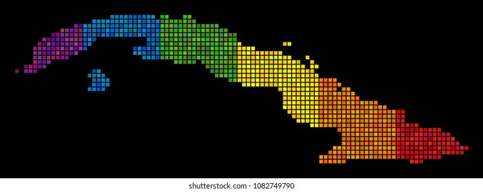 Dotted Pixel LGBT Cuba map for lesbians, gays, bisexuals, and transgenders. Vector geographic map in LGBT pride color variations on a black background. Rainbow gradient has horizontal direction.