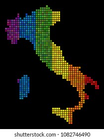 Dotted Pixel LGBT Italy map for lesbians, gays, bisexuals, and transgenders. Vector territorial map in LGBT pride color variations on a black background. Rainbow gradient has horizontal direction.