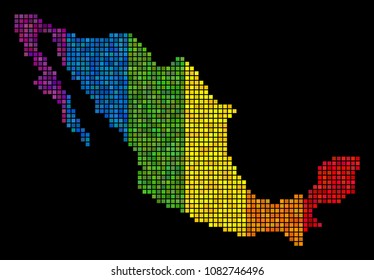Dotted Pixel LGBT Mexico map for lesbians, gays, bisexuals, and transgenders. Vector territory map in LGBT pride color tints on a black background. Rainbow gradient has horizontal direction.