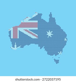 Mapa de píxeles punteado de Australia con el patrón de bandera nacional australiana, aislado en un fondo azul claro