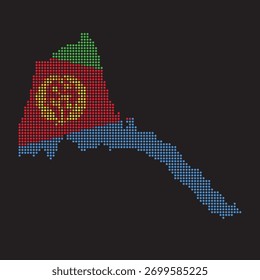 Dotted pixel map of Eritrea with national flag colors, representing modern digital design