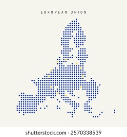 Dotted pixel map of European Union painted in the colors of of EU flag. Flat vector illustration isolated on white background.