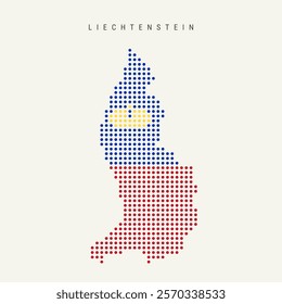 Dotted pixel map of Liechtenstein painted in the colors of the national flag. Flat vector illustration isolated on white background.