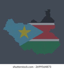 Dotted pixel map of South Sudan with national flag colors, representing modern digital design