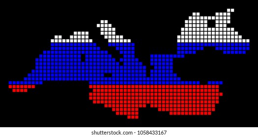 A dotted pixel Mediterranean Sea Map. Vector geographic map in Russia flag colors on a black background. Russian blue,
