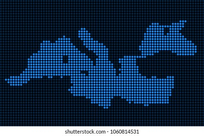 Dotted pixel Mediterranean Sea Map. Vector geographic map in blue colors. Vector collage of Mediterranean Sea Map done of round dots.