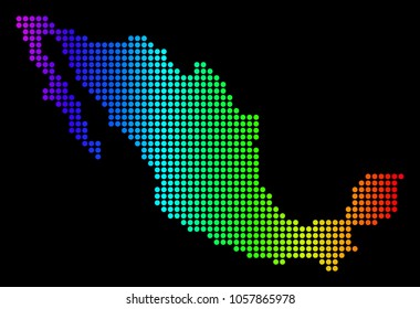 Dotted pixel Mexico Map. Vector geographic map in bright spectrum colors on a black background. Multicolored vector composition of Mexico Map composed of small circles.