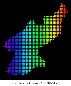 Dotted pixel North Korea Map. Vector geographic map in bright spectrum colors on a black background. Colorful vector composition of North Korea Map constructed of circle dots.