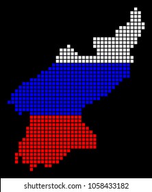 A dotted pixel North Korea Map. Vector geographic map in Russia flag colors on a black background. Russian blue, red and white colored vector abstract mosaic of North Korea Map done of small squares.