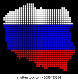 A dotted pixel Poland Map. Vector geographic map in Russia flag colors on a black background. Russian blue, red and white colored vector abstract concept of Poland Map constructed of square elements.