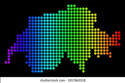 Dotted pixel Swiss land Map. Vector geographic map in bright spectrum colors on a black background. Colored vector mosaic of Swissl and Map combined of small circles.