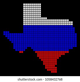 A dotted pixel Texas Map. Vector geographic map in Russia flag colors on a black background. Russian blue, red and white colored vector abstract collage of Texas Map created of small squares.